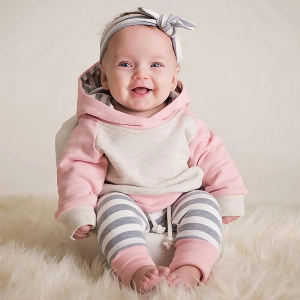 Baby Girls Cotton Long Sleeve Hooded Hoodies + Striped Casual Trousers + Headband Kids 3Pcs