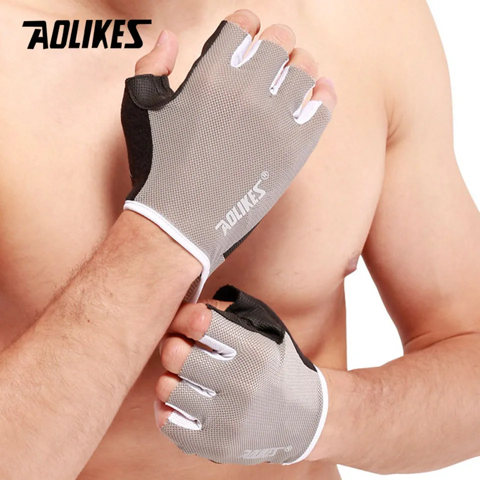 AOLIKES 1 пара противоскольжения дышащий тренажерный зал перчатки для бодибилдинга Training Спортивная гантель Фитнес упражнения тяжёлая атлетика перчатки - Цвет: Grey