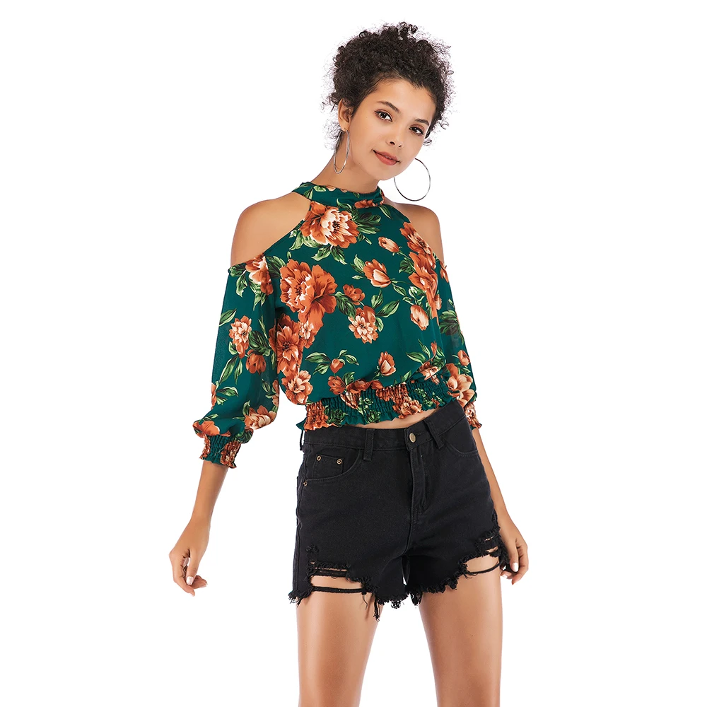 

FT1160 Lady's Flowers Print Pullover Halter Short Chiffon Blouse Back One button Shoulder Cut off Lantern Sleeve Crop Tops