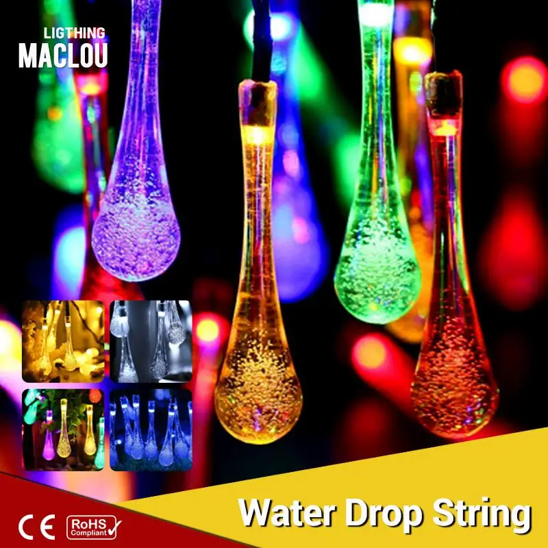 6M 30Leds Solar String RGB Waterproof Water Drop Rain Holiday Light Garden Street Christmas Tree Decoration Home Decor Strip