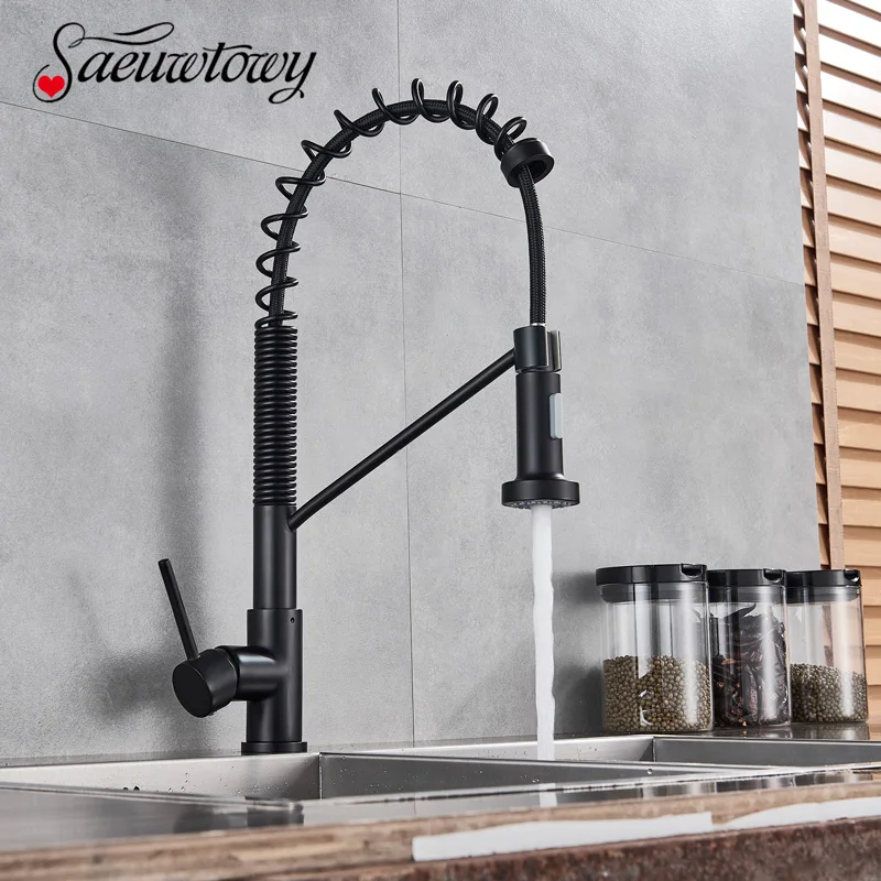 Saeuwtowy Newest Black Spring Kitchen Faucet Hot and Cold Mixer Taps Deck Mounted 2 waterways one hole single Handle | Обустройство