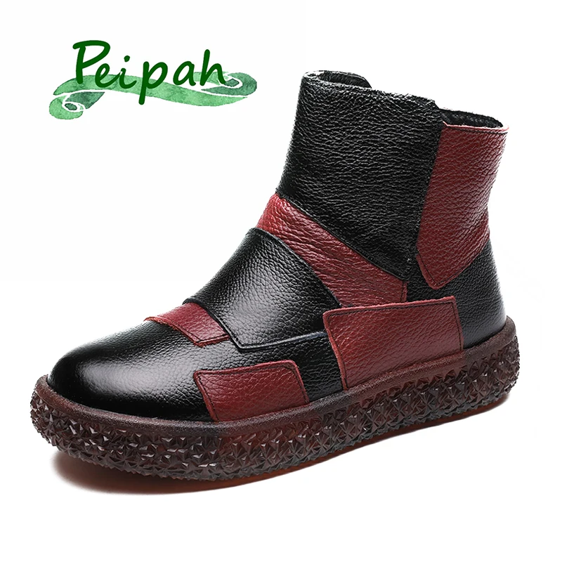 

PEIPAH Women Boots Winter Zip Flat With Ankle Boots For Woman Retro Patchwork Plush Chelsea Boots Ladies Bottine Femme