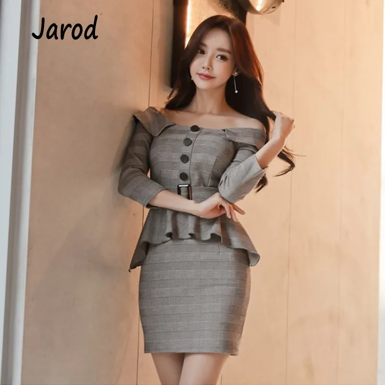 

Spring Women Dress Sexy Party Office Bodycon Vestidos Slash Neck Bandage Dresses Grey Plaid Package Hip Ruffles Mini Dress