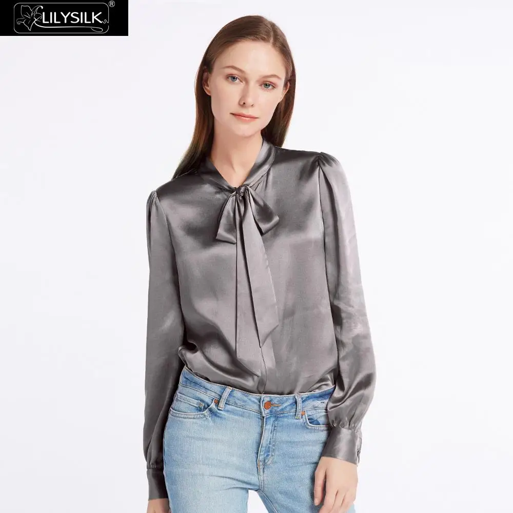 LilySilk рубашки женские 22 momme элегантный галстук воротник Шелк 100 чистый из шелкового шармеза светильник мягкий натуральный блеск новости - Цвет: Dark Gray
