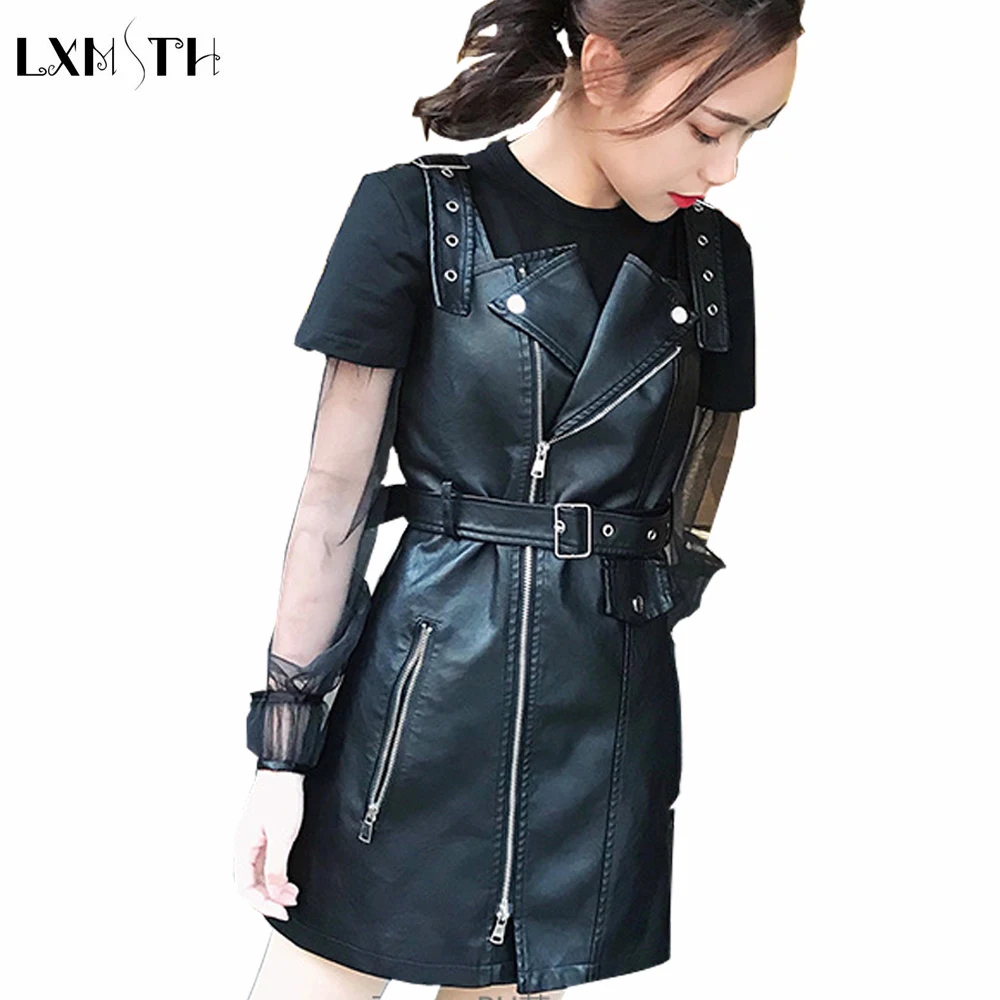 Fashion PU Leather Strap Dress Women V Neck Sash High Waist Zipper