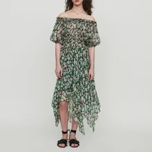 Летняя новая мода воротник со сборками цветочный принт фонарь короткий рукав женский эластичный Цветочный Пояс ассиметричная длинная юбка