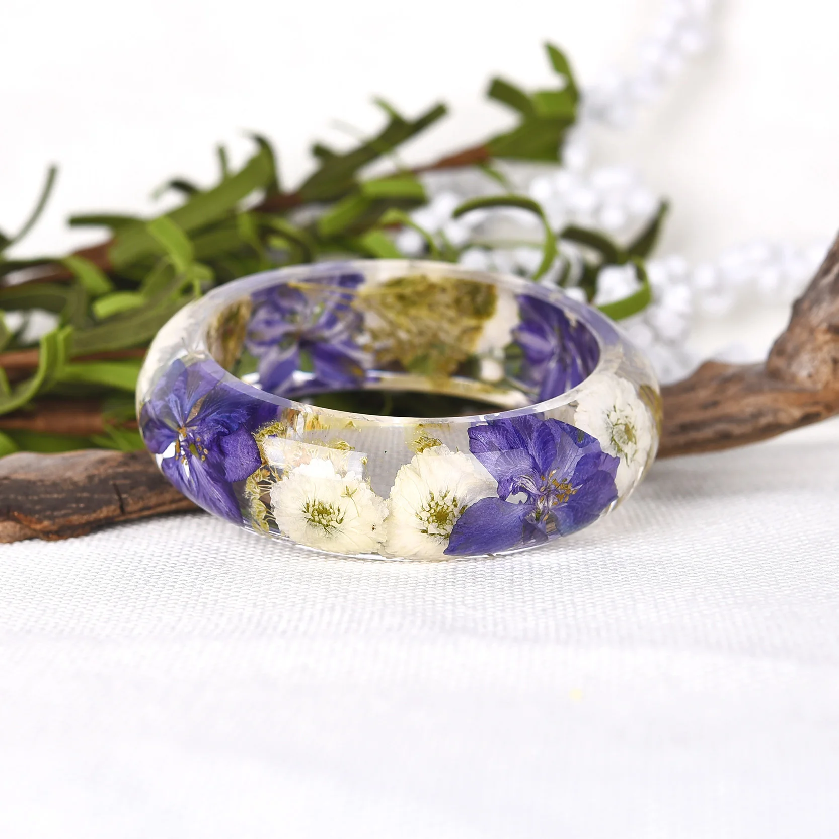 Романтический фиолетовый натуральные сухоцветы браслет модные аксессуары камень внутри прозрачный пластик ювелирные изделия для женщин
