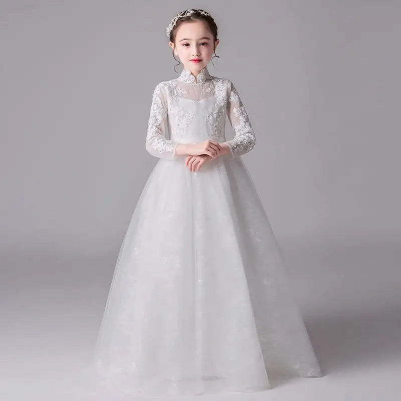 

2019 Kids Girl Lace Tulle Prom Gown Kid Girl Beads Princess Wedding Christmas Party Vestido Children First Communion Dress Q851