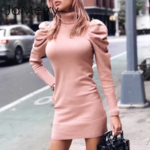 JaMerry, винтажное облегающее зимнее вязаное женское платье с воротником-стойкой, пышное розовое платье-свитер, женское сексуальное однотонное осеннее платье