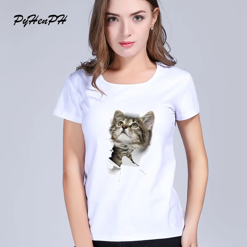 3D Cute Cat T shirts Women Summer Tops Tees Cat in holes T shirt Women o neck short sleeve