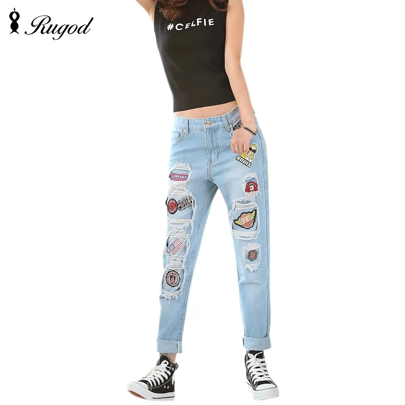 Autumn New 2017 Pattern Embroidery Washed Jeans Plus Size Women s Denim Jeans Pants Loose Cross