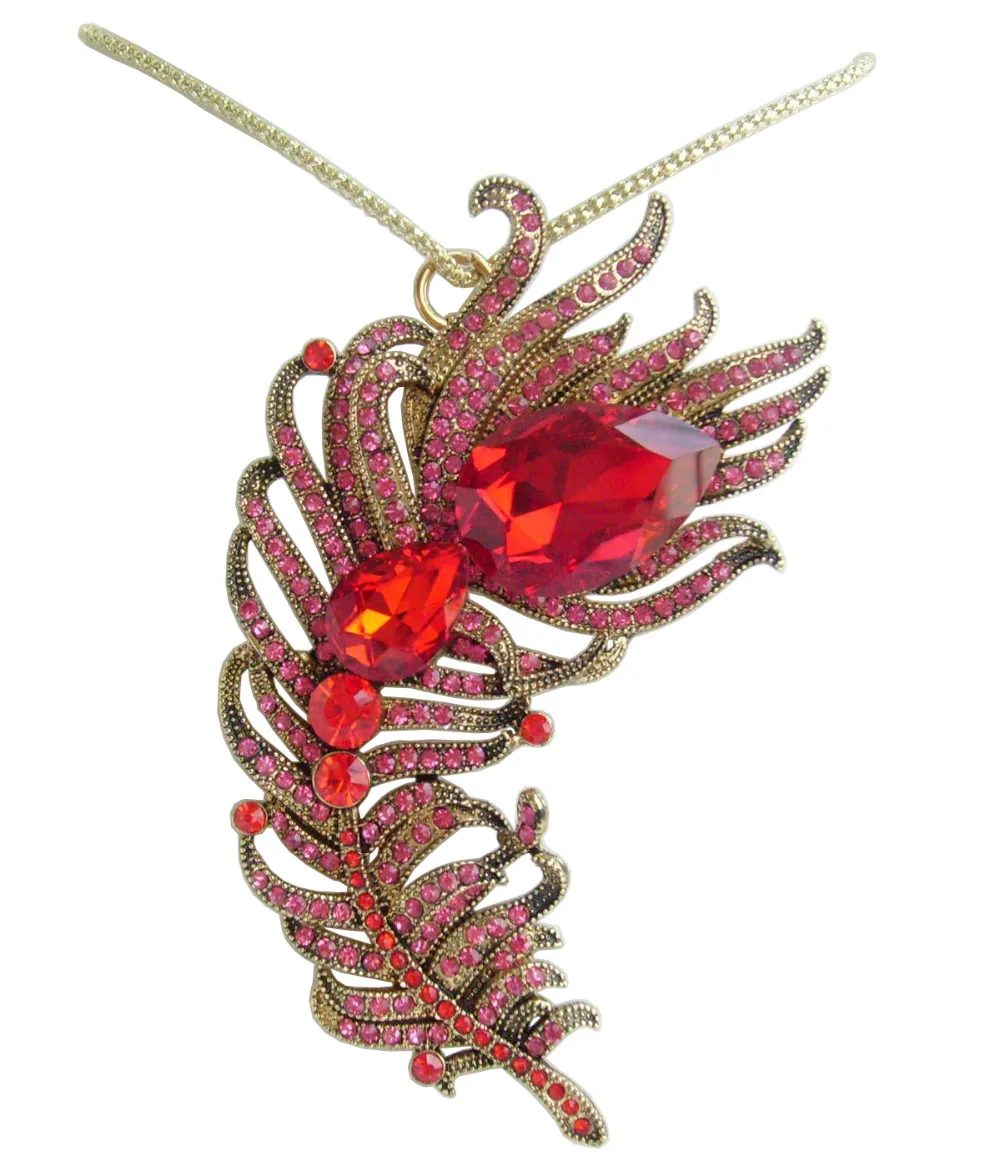Elegant Red Pink Rhinestone Crystal Peacock Feather Necklace Pendant NL05038C11 | Украшения и аксессуары