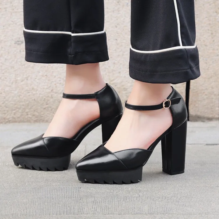 chunky heel buckle ankle strap platform sandals with fur
