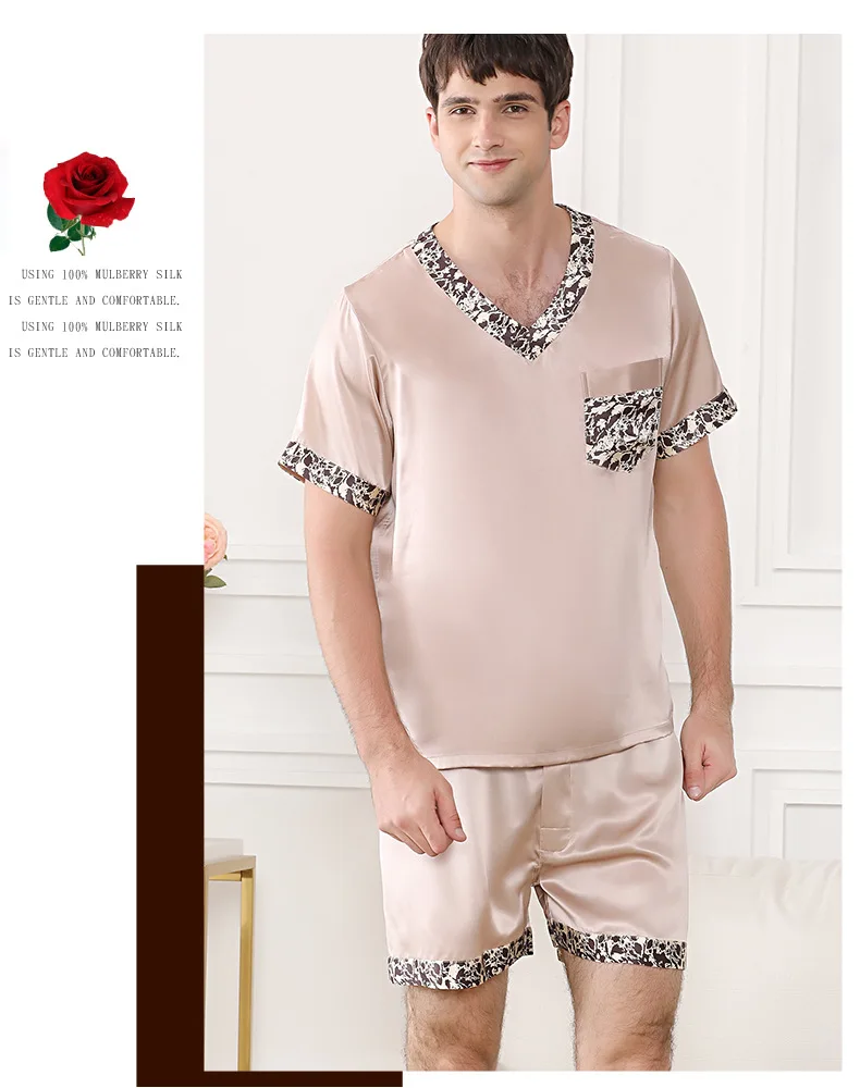 Пижамный комплект шелковые пятна Человек Лето рубашка с короткими рукавами и шорты шелковые домашние наборы мужские пижамы ночной костюм пижамы наборы