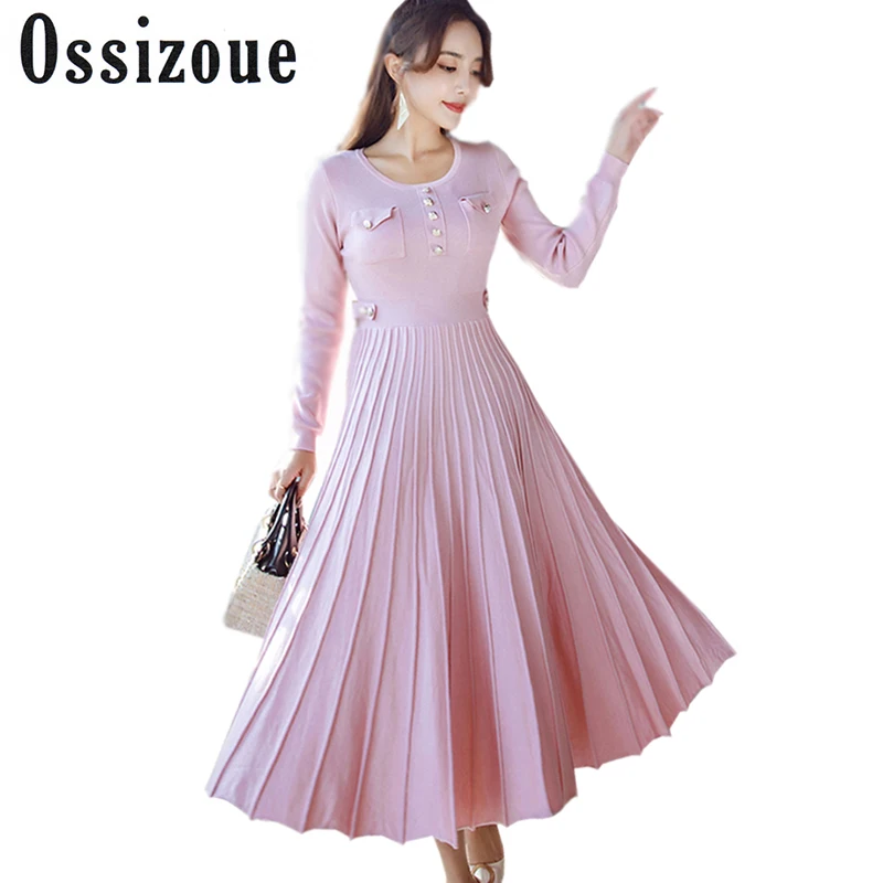 2017 New Fashion Knitted Winter Dress Elegant Women Long Sleeve O Neck Long Sleeve Pleated Casual