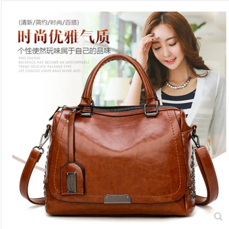 

2018 New Korean Trendy Handbag Rivet Single Shoulder Skew Oil-coated Wax Woman Bag
