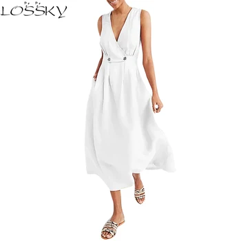 

Women Summer Solid Dress Casual Sexy V-Neck Maxi Dresses New Fashion Tunic Button Vacation Party Long Dress OL Female Vestidos