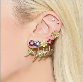 

New Fashion Gold Flower Stud Earrings For Women With yellow purpel Crystal Female Statement Ear Jewelry Gift partyWholesale