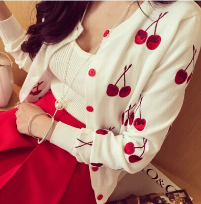 

Free Shipping Spring Autumn New Arrival Fashion Cherry Embroidery Long Sleeve Short Knitting Cardigan