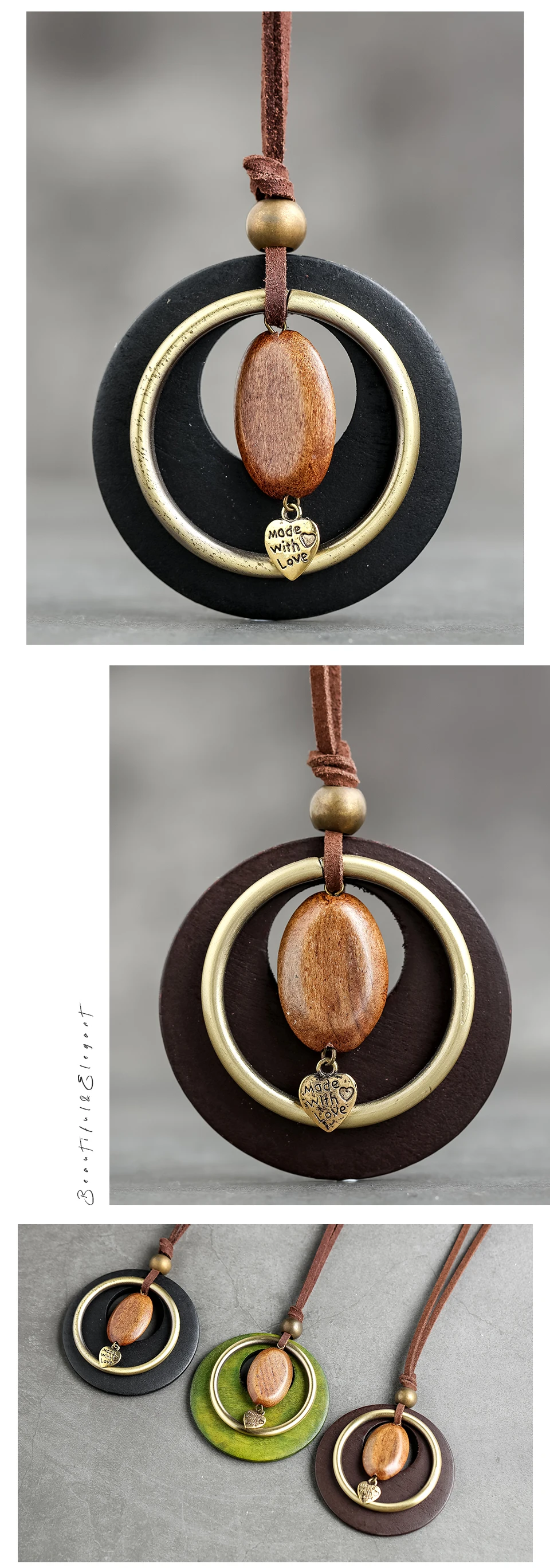 Bohemian Suspension Necklace | Round Wooden Pendant | Chain Rope Jewelry