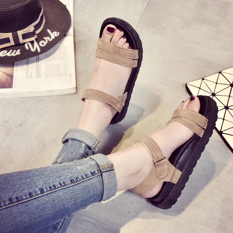 

Peep Toe Front Rear Strap Flat Platform Flat with Women Sandals Summer Platform Solid Basic Women Shoes Hook Loop Sandals