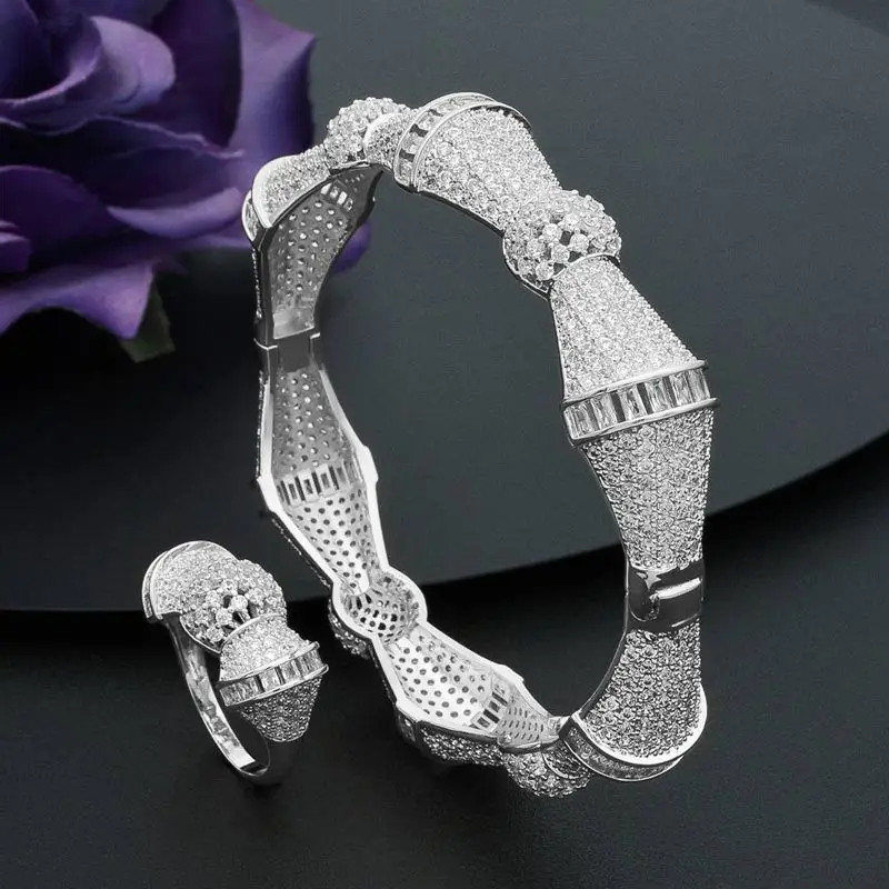 ModemAngel модные роскошные бамбуковые супер медные AAA кубического циркония вечерние ширина браслета браслет кольцо набор для женщин - Окраска металла: Имитация родиевого покрытия