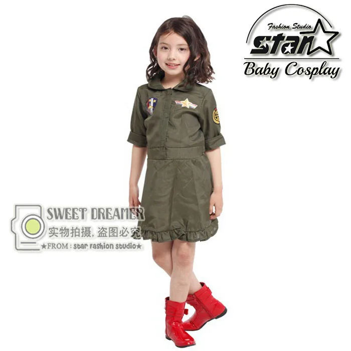 

Carnival Children Kid Cool Girls Pilot Military Air Force Captain Green Cosplay Costume Halloween Role-Play Clothes Fancy Dress