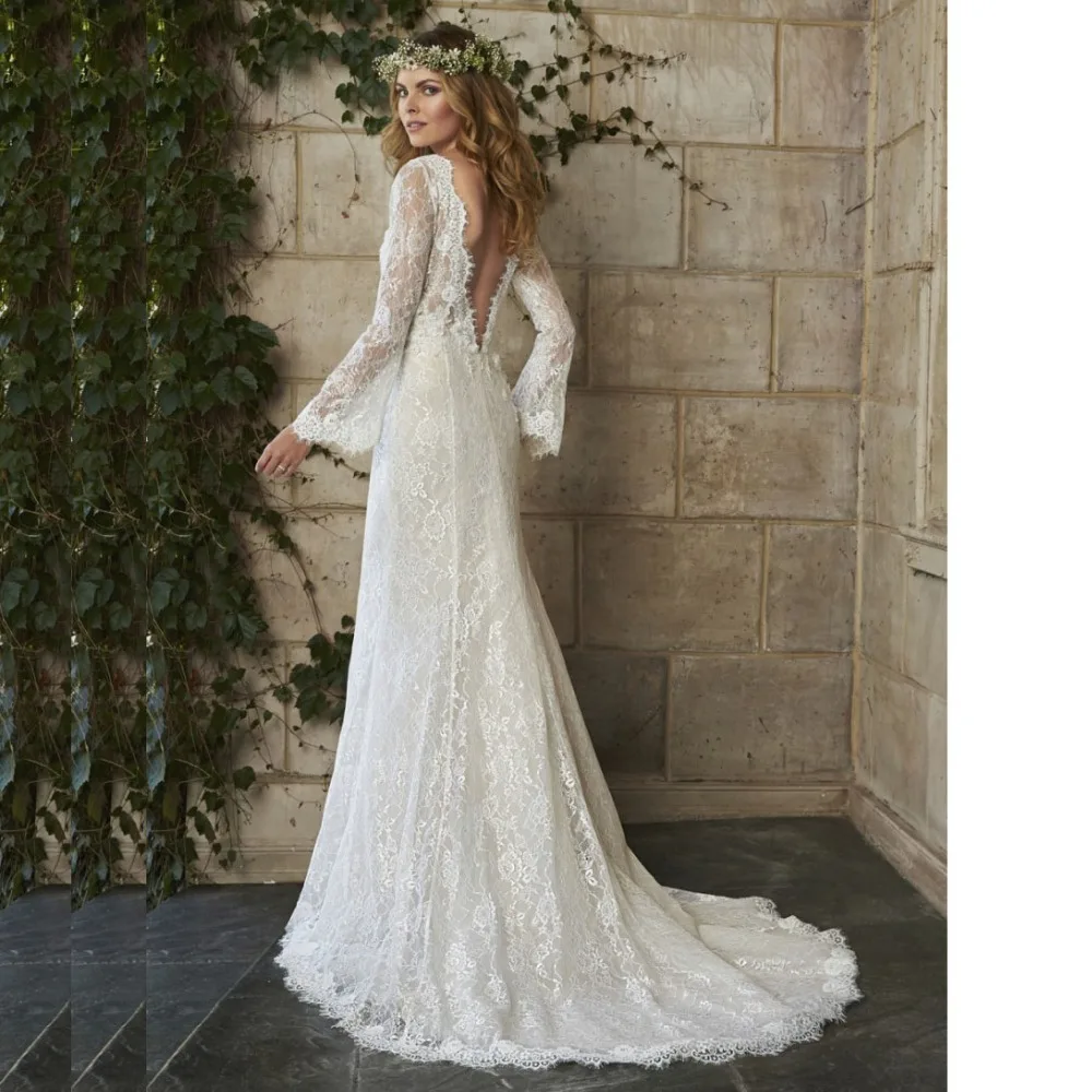 

Bohemian Wedding Dress 2019 White Flare Sleeve Backless Beach Lace Wedding dresses V-Neck Bridal Gown Vestido de noiva de renda