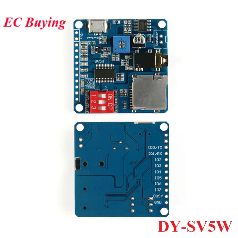

Voice Playback Module DY-SV5W MP3 Voice Module Board WAV Decoding Trigger MP3 Playback Serial Control SD/TF Card For Arduino