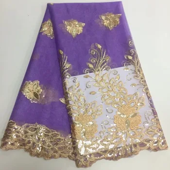 

Gold 3 d flowers sequin lace fabric fringe material african french net lace tulle fabric high quality evening dresses5yard/lot