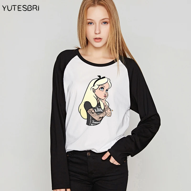 

2017 Spring Autumn Women Tee Shirts Bad Girls Alice Snow White Shirt Long Sleeve Tshirt The Little Mermaid Princess Tops Tees