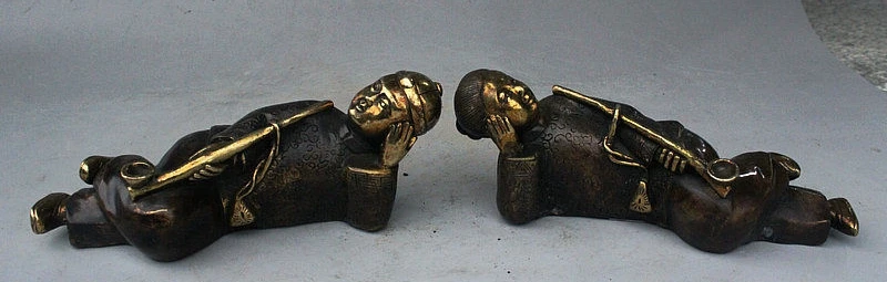 7&quot Rare China Bronze gilt landowner smoking capitalist couple Smoker Statue Pair | Дом и сад