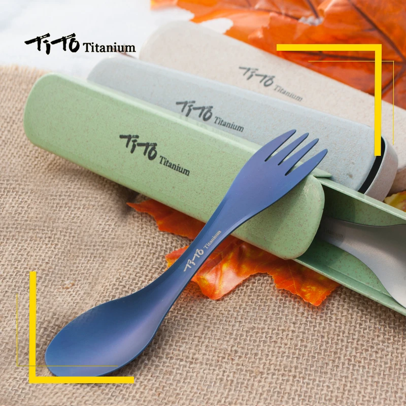 TiTo al aire libre Camping Picnic cuchara de titanio vajilla caja de tenedor de titanio paquete ultraligero puro titanio Spork para regalo