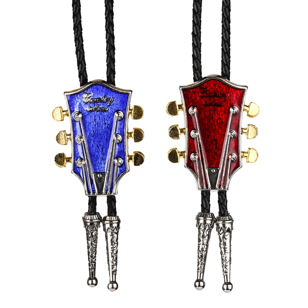 2 Pieces Country Music Guitar Western Cowboy Rodeo Bolo Tie bola Necklace Bola Pendant Charms