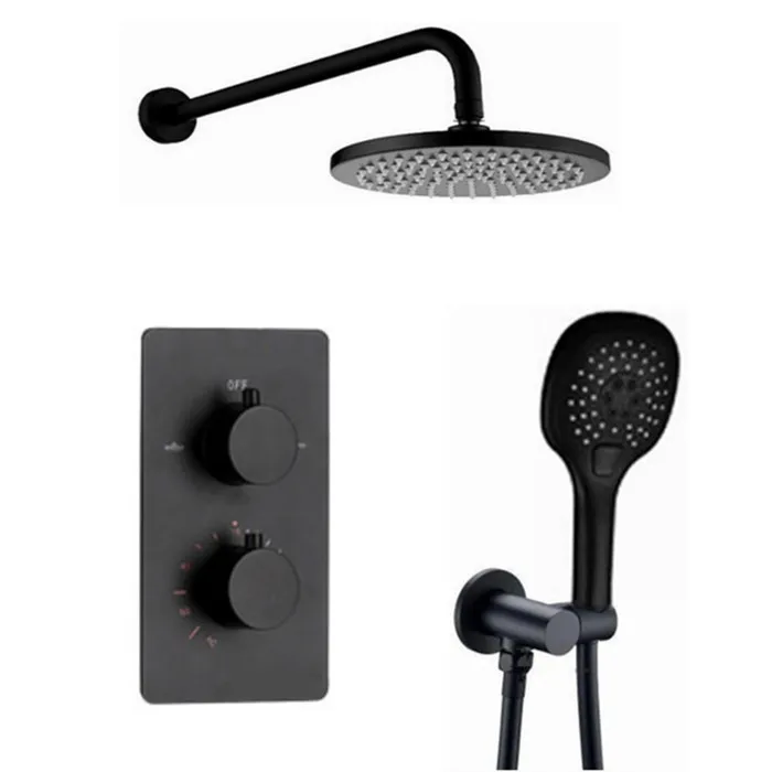 Kopen 8 of 10 of 12 of 16 inch Regendouche Badkamer Messing Zwart Thermostatische Bad Douche Set Wandmontage kraan douche IS059
