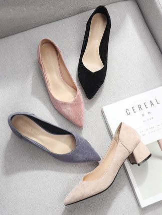 

Thick with single shoes female 2019 spring new suede shallow mouth pointed professional high heels with work shoes women
