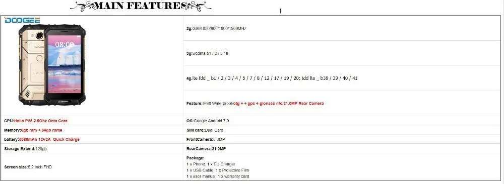 Doogee S60 Ip68 Водонепроницаемая камера 5580 МП смартфон 5,2 мАч Беспроводная зарядка ''Fhd Helio P25 Восьмиядерный мобильный телефон 6 ГБ 64 ГБ