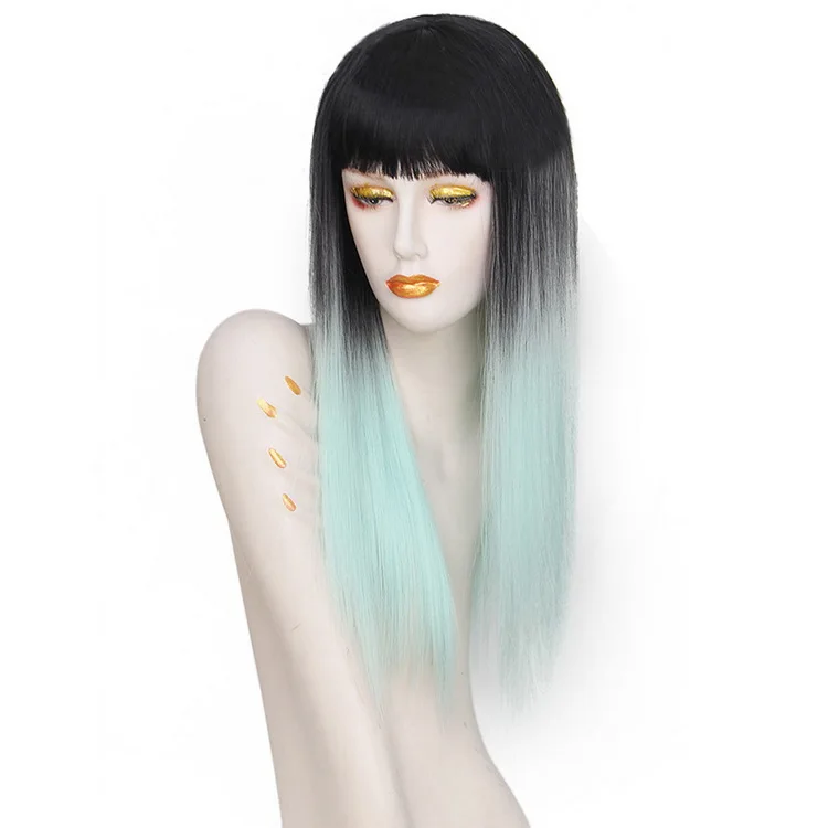 Yiyaobess 24 дюймов длинные прямые черные Серебристые серые Омбре парик челки для белых женщин синтетические парики натуральные волосы - Цвет: Синий