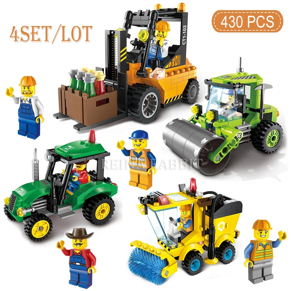 

4 sets Forklift Roller Tractor Sweeper Truck Model DIY Building Blocks Figures Compatible legoed City Construction Kids Toys