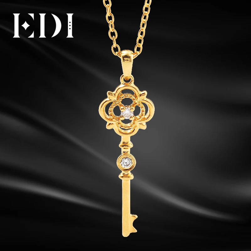 EDI Classic Clover Gold Diamond Key Pendant 9K Solid Rose Gold Real Natural Diamond Pendant Necklace Match 16' Silver Necklace