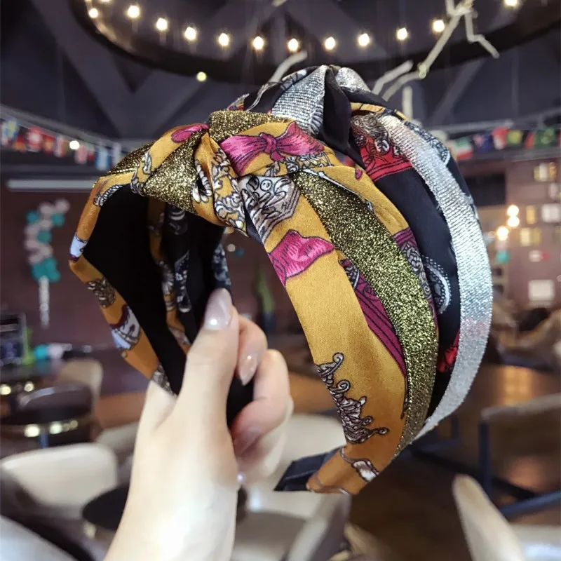 

Korea Print Satin Top Knot Hand Made Retro Hair Accessories Hairband Crystal Crown Hair Band Headbands For Girls