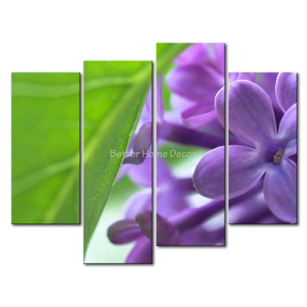 3 Piece Purple Wall Art Painting Lilac With Green Leaf Print On Canvas