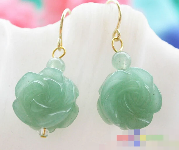 

free shipping 12244 Hand-carved green jade flower dangle earring