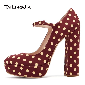 

Large Size Ladies Formal Heels 2018 Round Toe High Heel Evening Shoes Woman Chunky Platforms Polka Dot Platform Mary Jane Pumps