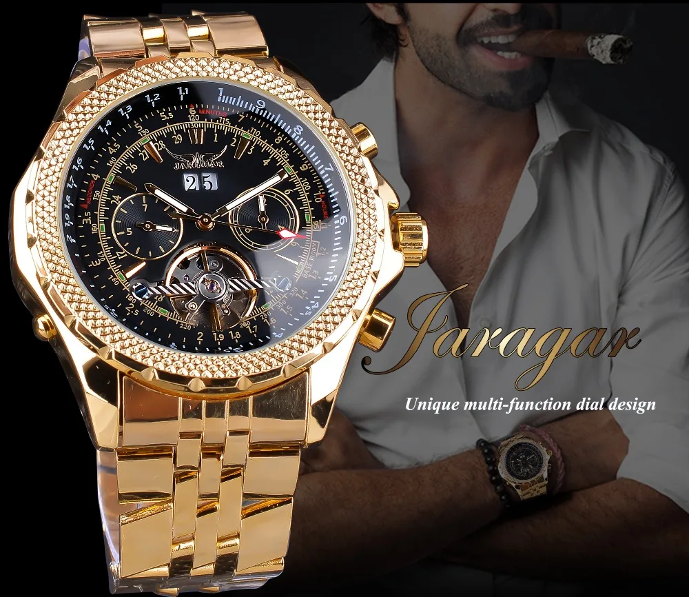 Jaragar Tourbillion черные золотые часы с большим циферблатом и календарем, механические часы в стиле стимпанк, роскошные брендовые светящиеся стрелки