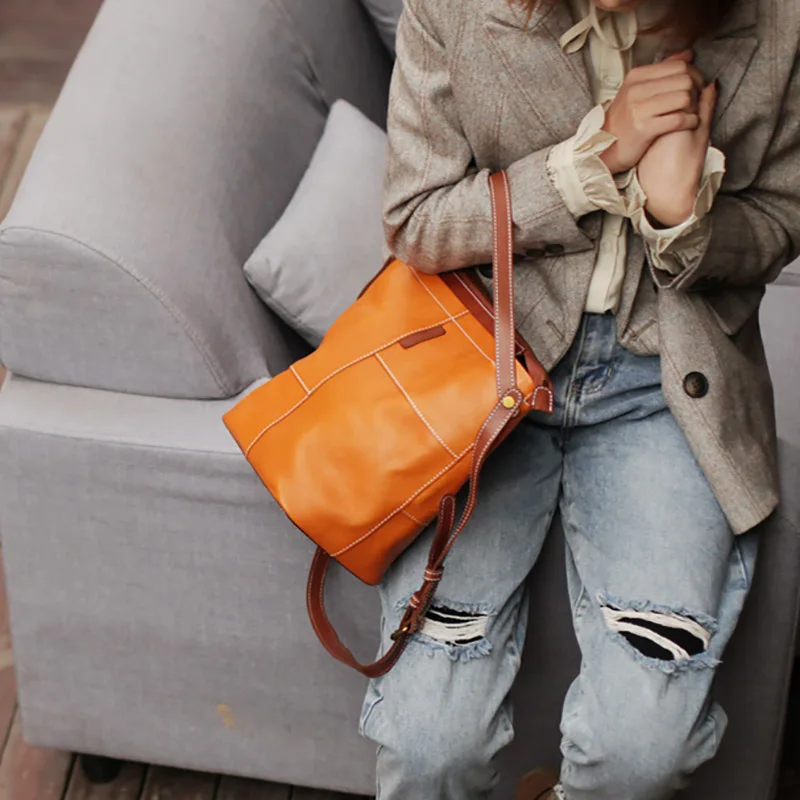 AETOO Leather handheld zipper bucket bag, large capacity female new shoulder cowhide crossbody bag