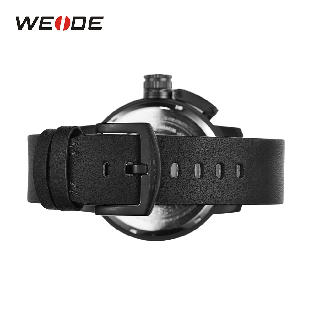 WEIDE Men Analog Calendar Date Black Leather Strap Buckle Stainless Steel Back Case Hardlex Men Fashion Sport Quartz Wrist Watch