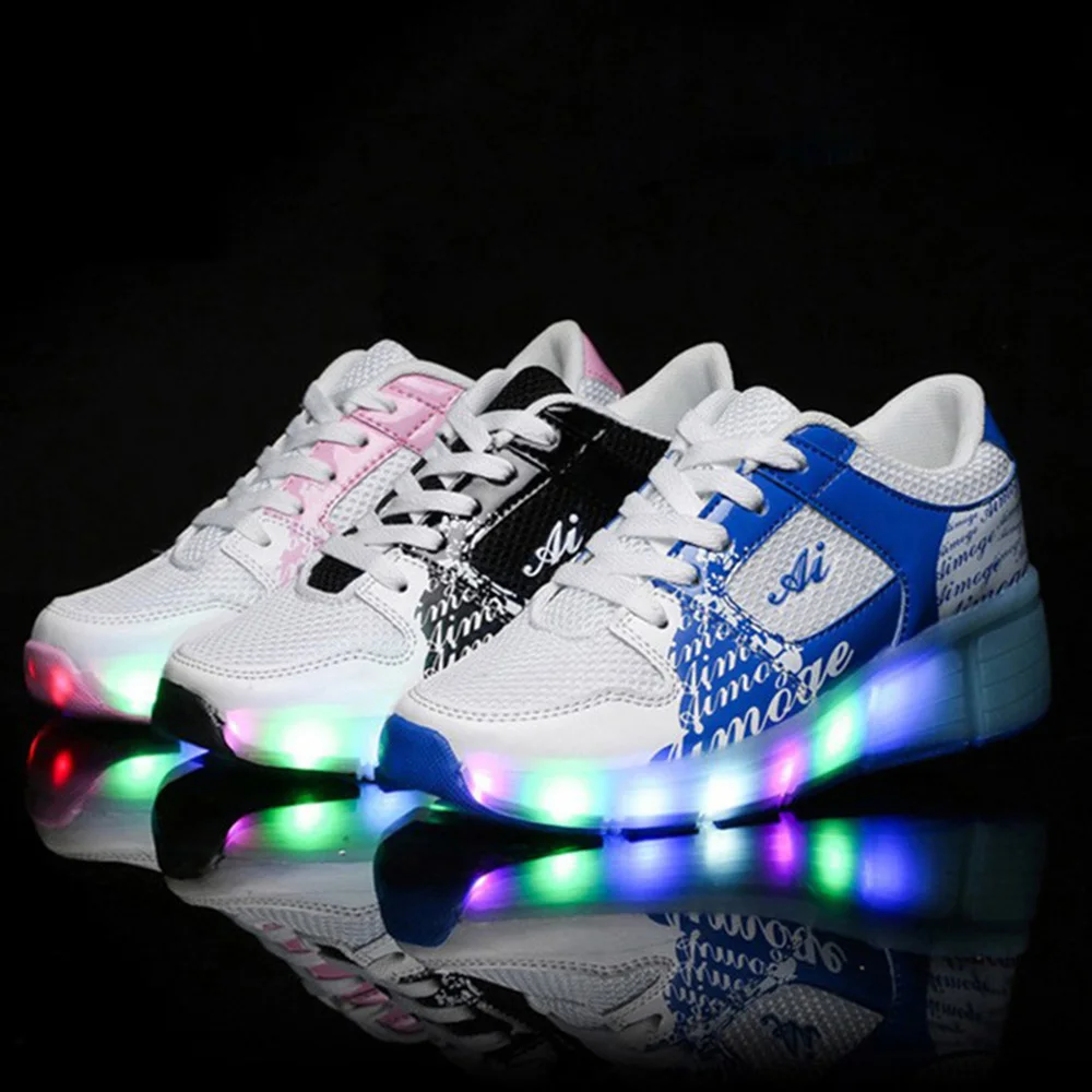 NEW Children Wheels Shoes With LED Lighted Mesh Breathable Kids Roller Shoe Boys Girls Fashion Casual Wheel Sneakers pink