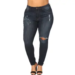 Плюс Размеры 5xl Тонкий Встроенная Рваные джинсы Femme Для женщин Высокая талия эластичные узкие джинсовые штаны Большой Размеры 2018 новые