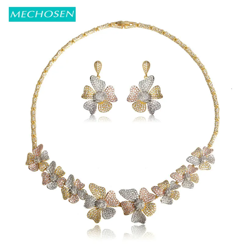 MECHOSEN Women Bridal Colorful Flower Wedding Jewelry Sets Necklace Earrings 3 Tone Rose Gold Silver Colors Dubai African Bijoux